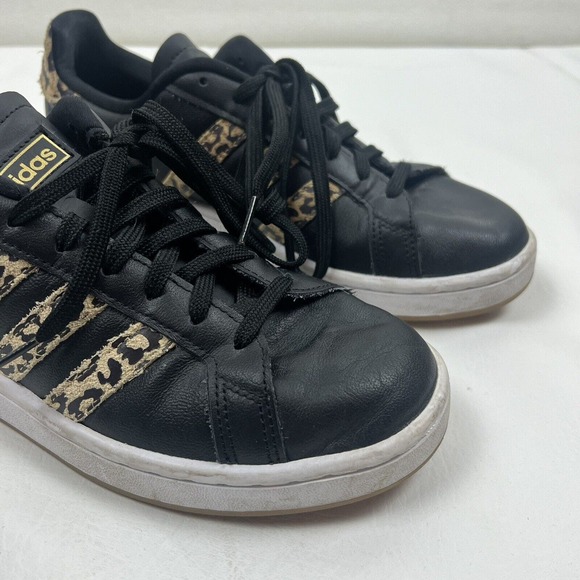 Adidas Shoes Womens 9 Black Leather Cheetah Three Stripe Sneakers Cloudfoam - Picture 3 of 11